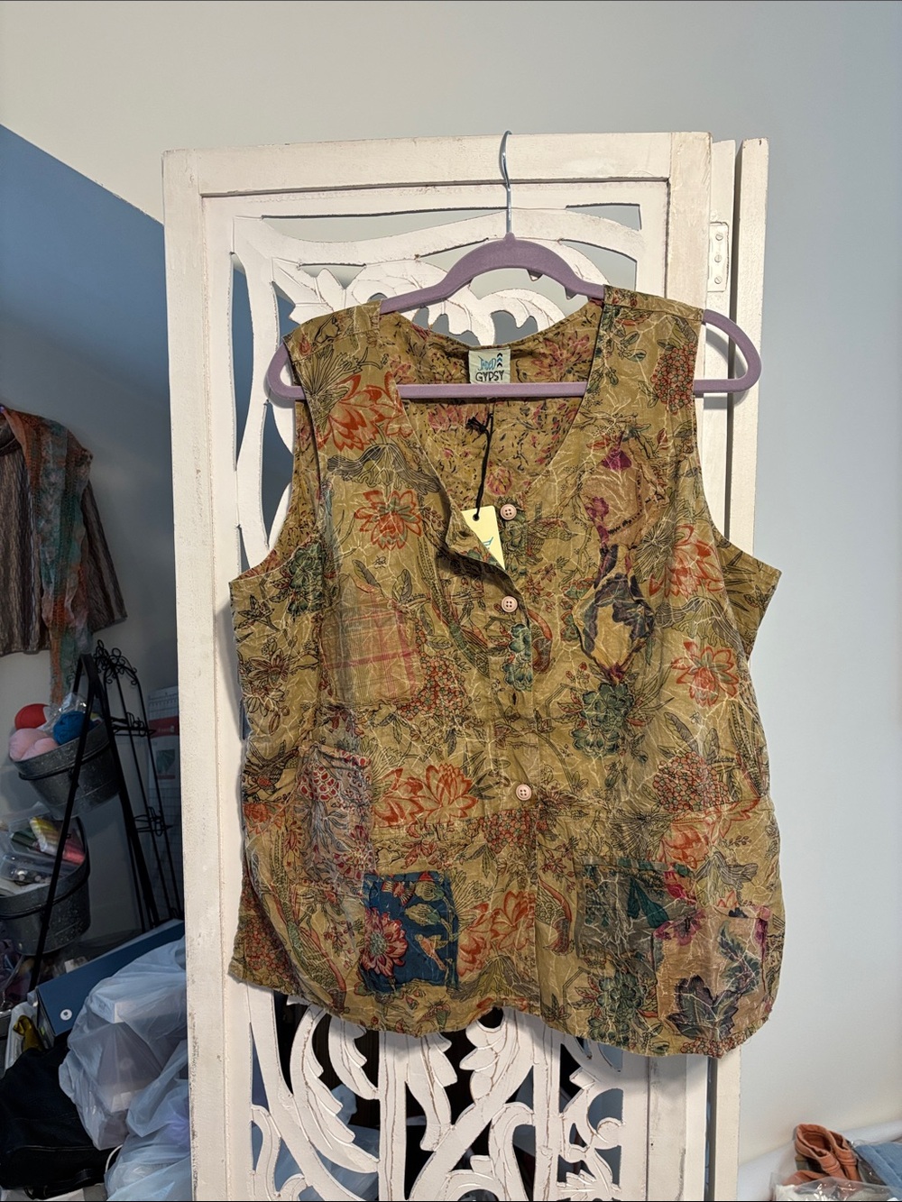 Gypsy-Inspired Floral Patchwork Sleeveless Top - Mustard Green